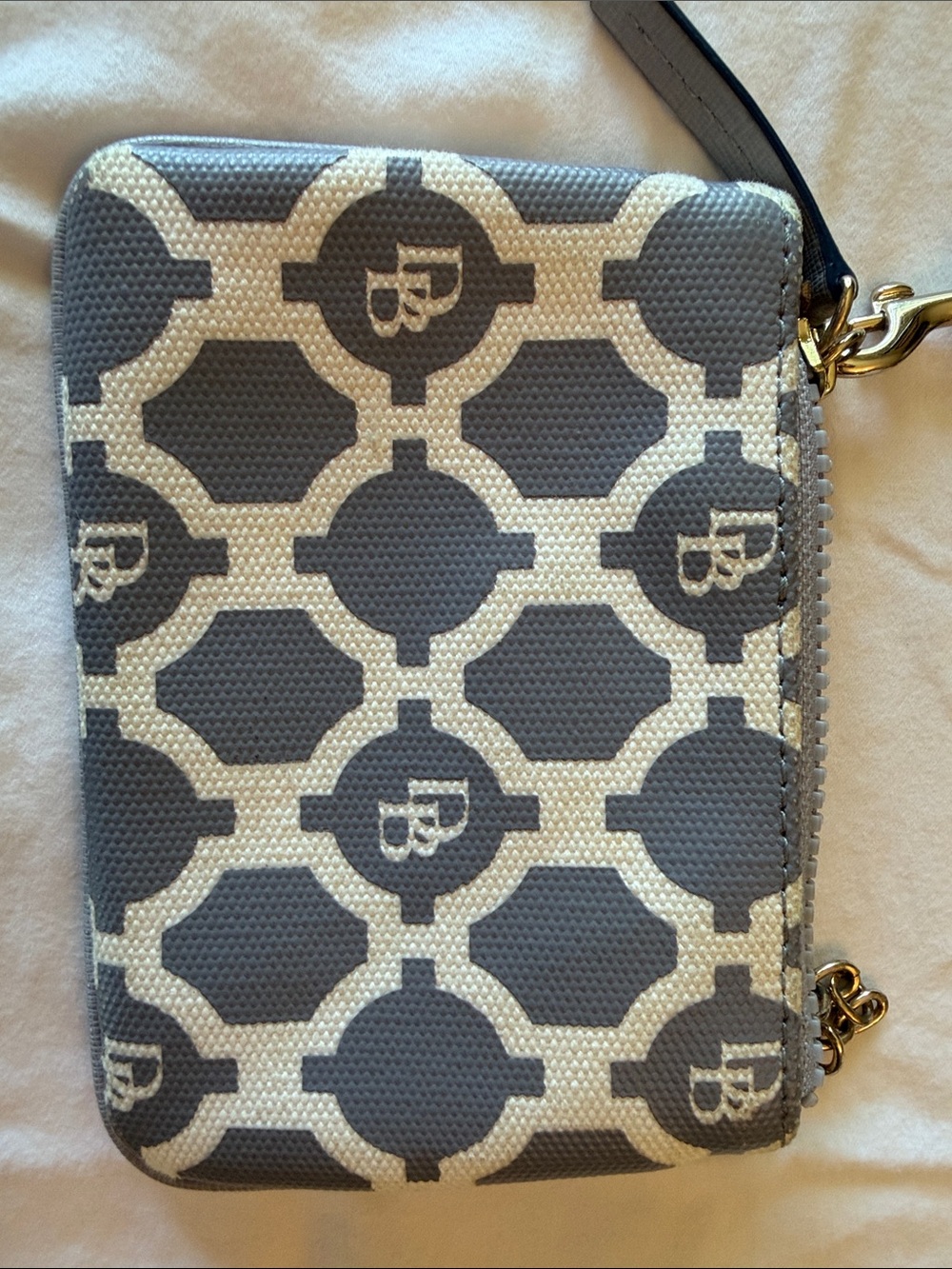 Dooney & Bourke Gray and Cream Logo Wristlet Key Pouch with Gold Hardware - Picture 8 of 12